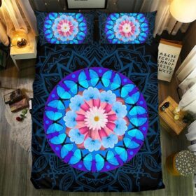 Housse De Couette Mandala Floral Bleu et Rose Parure de lit