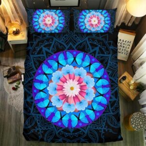 Housse De Couette Mandala Floral Bleu et Rose Parure de lit