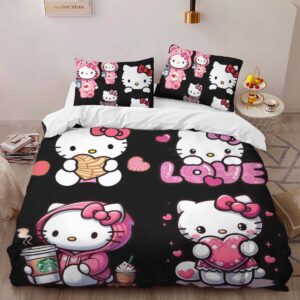 Alternative view of Housse De Couette Hello Kitty fond noir et Kitty rose Parure de lit Ensemble De Literie