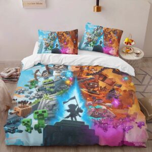 Alternative view of Housse De Couette Minecraft Legends – Creeper, Golem de Savane contre Piglins dans le Nether Parure de lit Ensemble De Literie