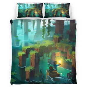 Housse De Couette Minecraft Scène Forêt et Rivière Parure de lit Ensemble De Literie