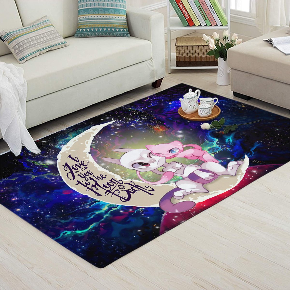 Tapis Pokemon Couple Mew Mewtwo Love You To The Moon Galaxy Carpet Rug Home Room Decor – Image 3