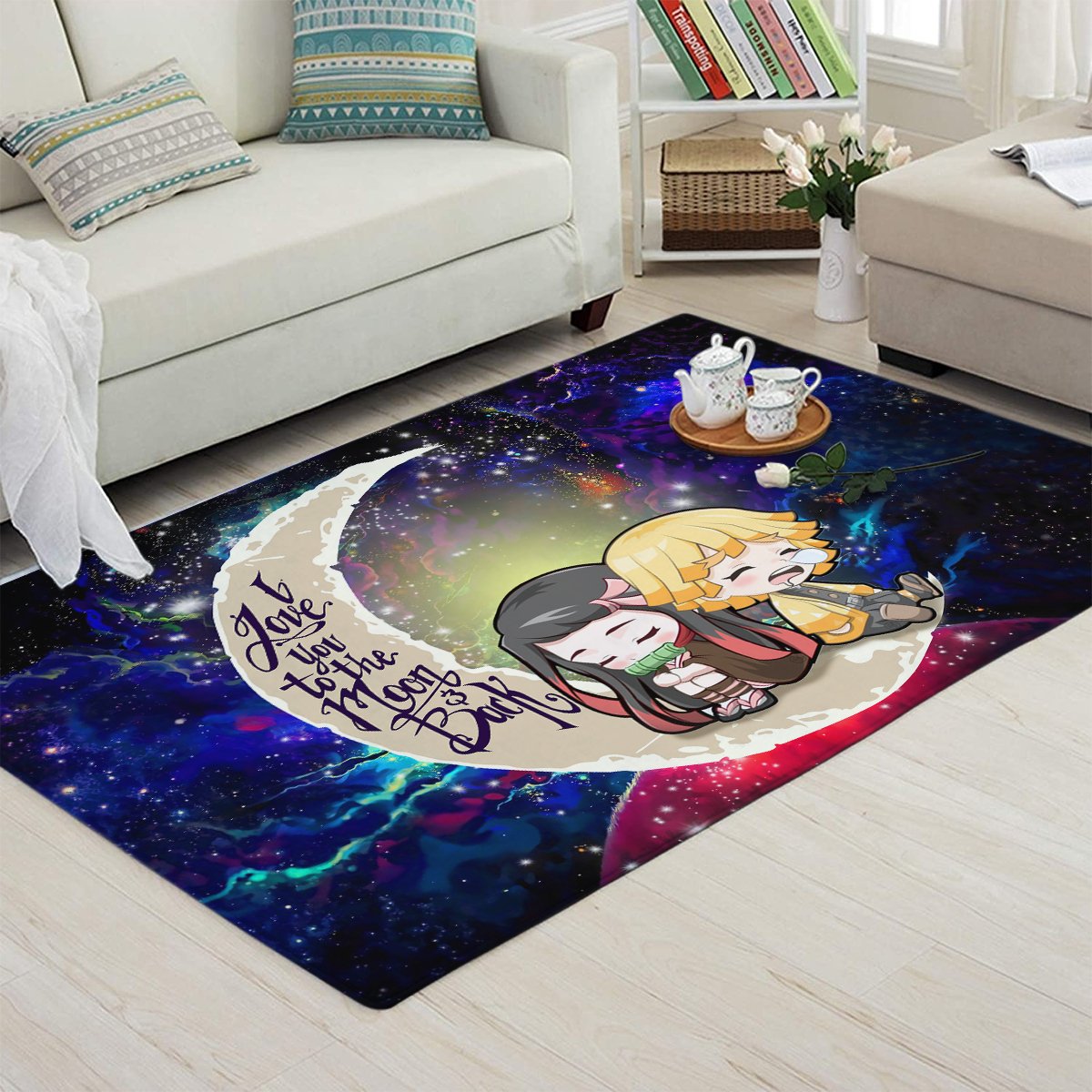 Tapis Zenitsu And Nezuko Chibi Demon Slayer Love You To The Moon Galaxy Carpet Rug Home Room Decor – Image 3