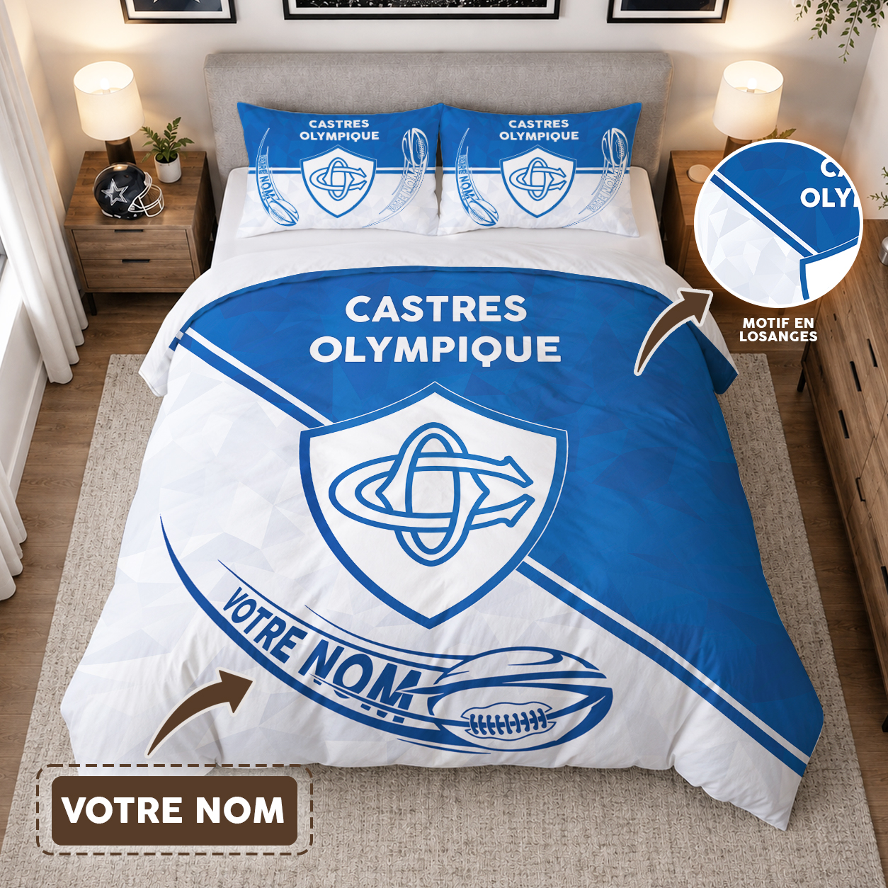 Housse de Couette Castres Olympique - Parure de Lit Rugby 3D Imprimé Supporter