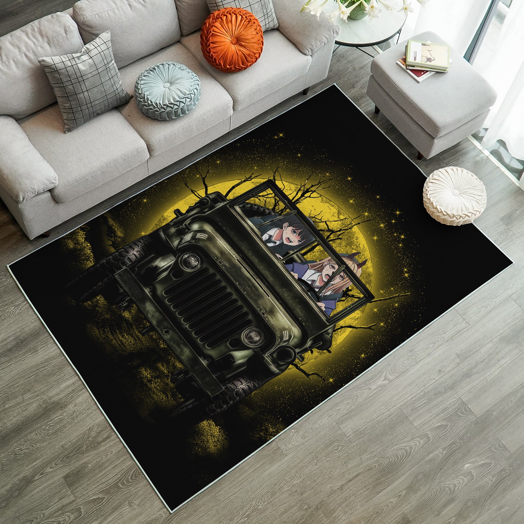 Tapis Chainsaw Man Ride Jeep Funny Anime Moonlight Halloween Rug Carpet Rug Home Room Decor – Image 3