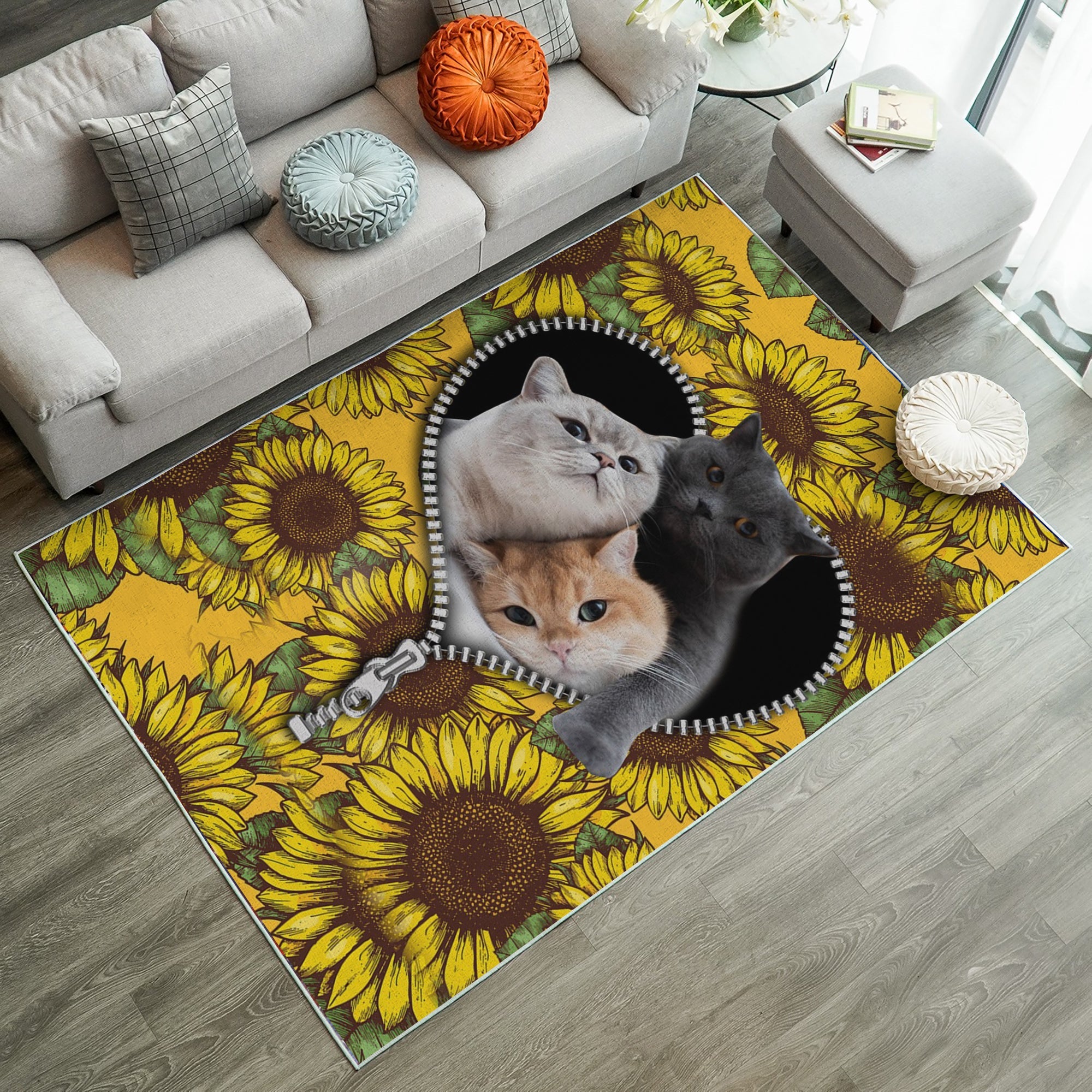 Tapis Cute Cats Sunflower Zipper Rug Carpet Rug Home Room Decor – Image 3