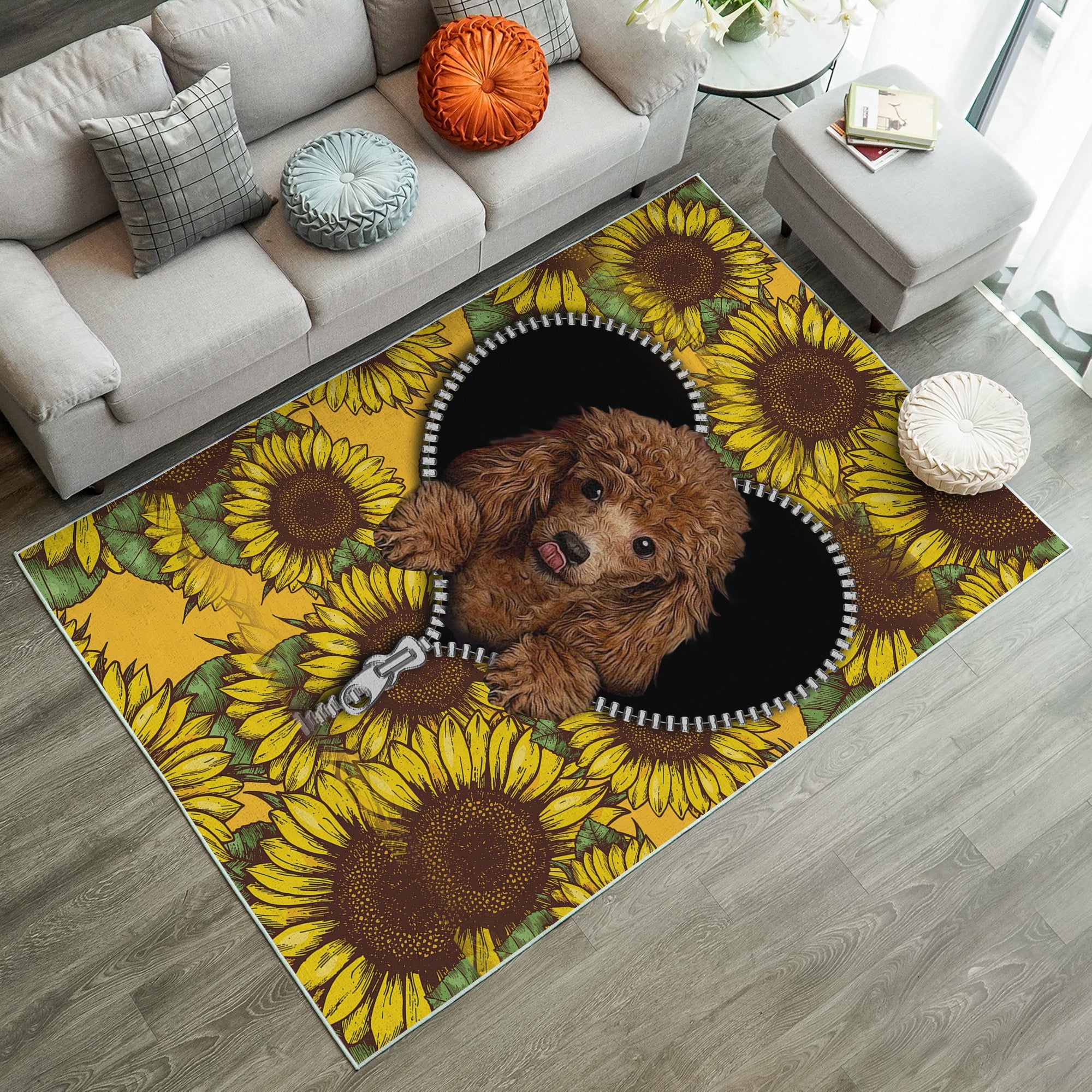 Tapis Cute Dog Poodle Sunflower Zipper Rug Carpet Rug Home Room Decor – Image 2
