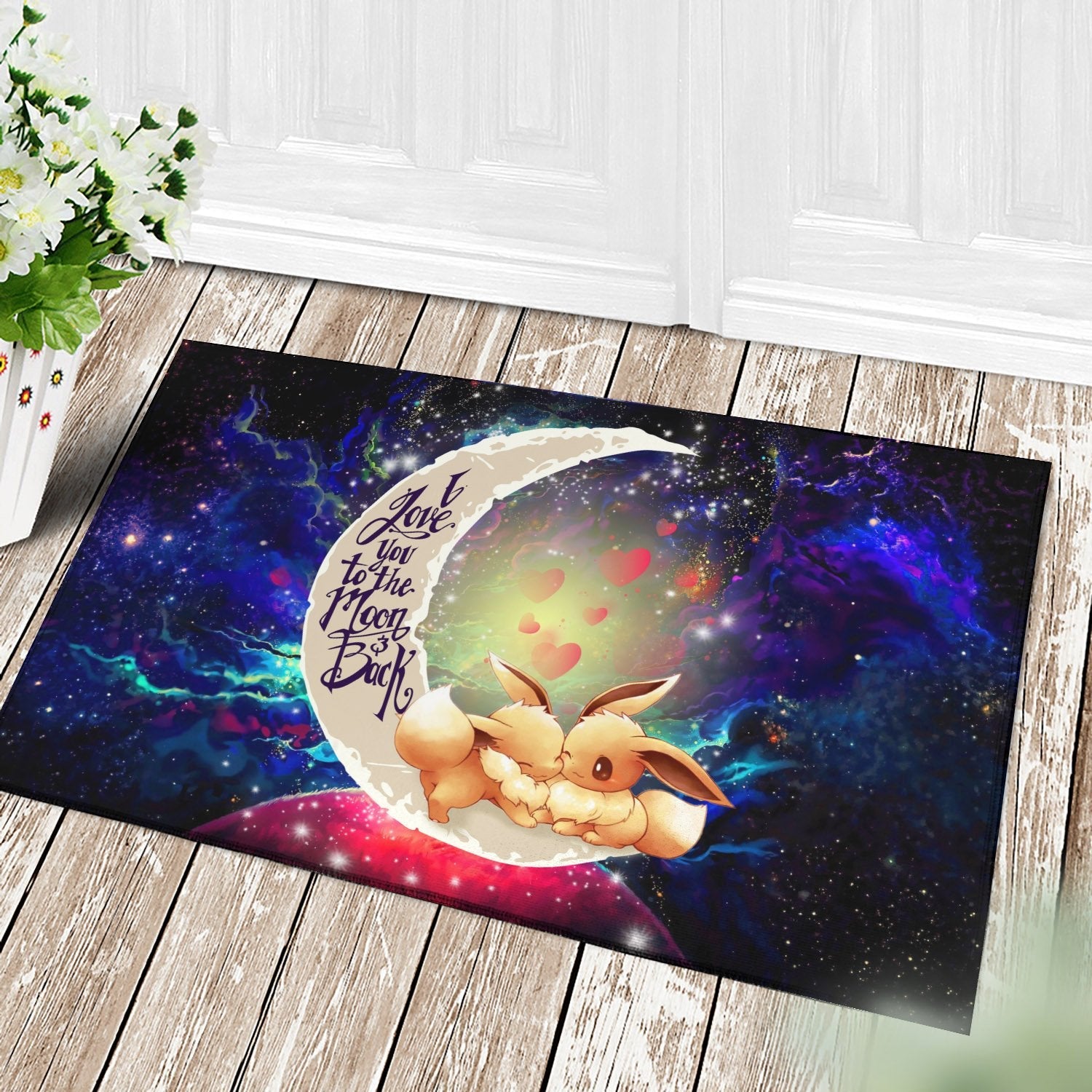 Tapis Cute Eevee Pokemon Couple Love You To The Moon Galaxy Back Doormat Home Decor – Image 3