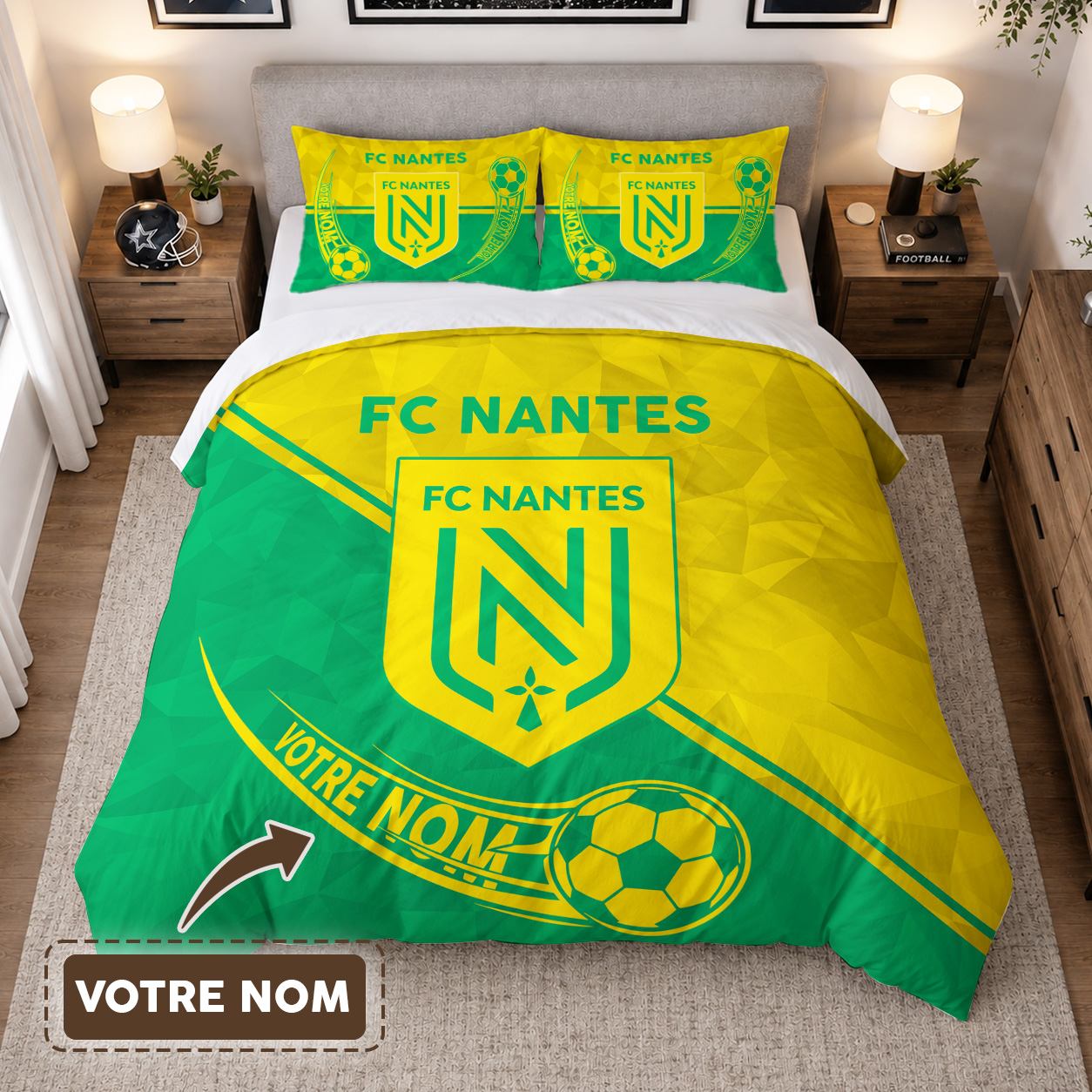 Housse de Couette Football Club de Nantes - Parure de Lit FCN 3D Imprimé Supporter