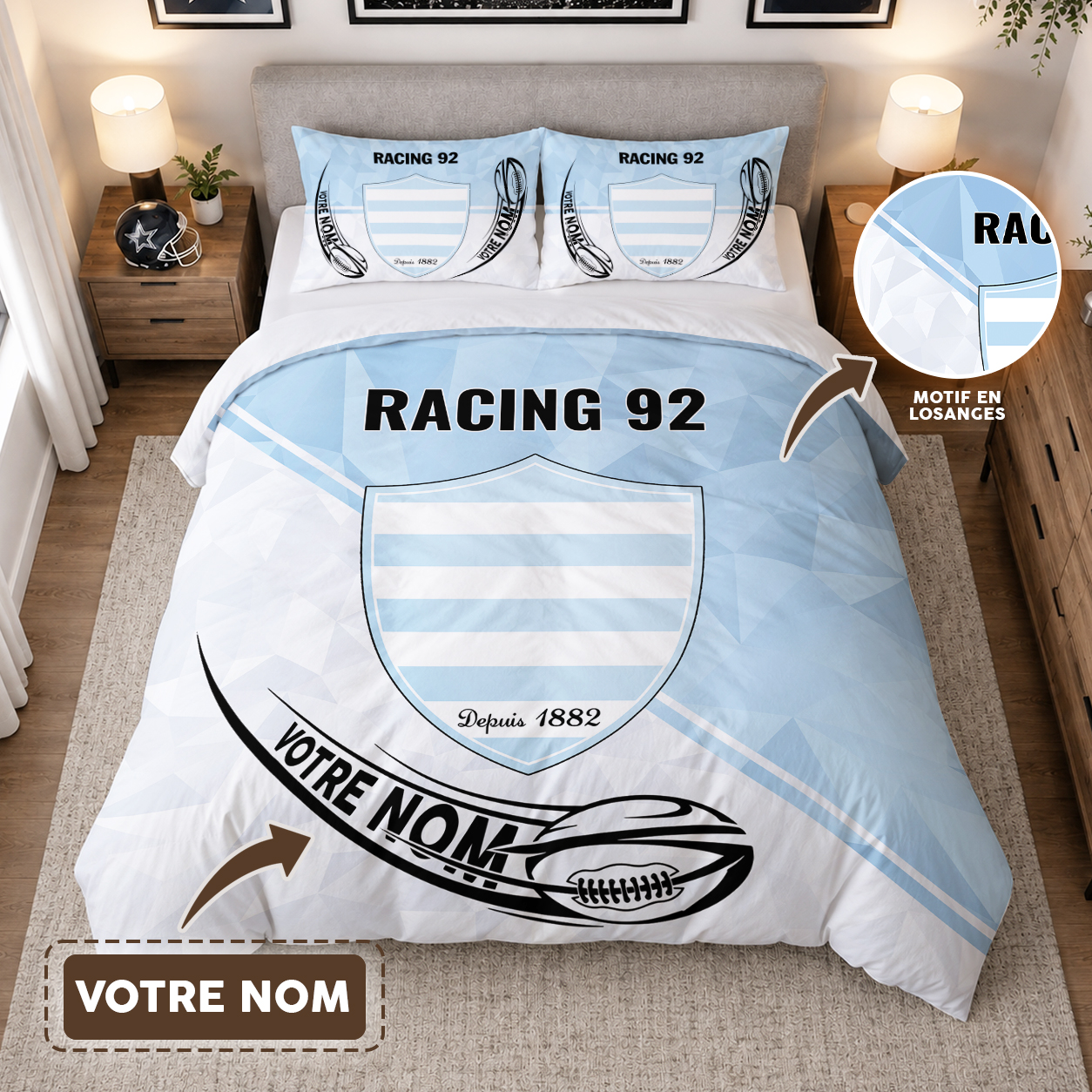 Housse de Couette Racing 92 - Parure de Lit Rugby 3D Imprimé Supporter