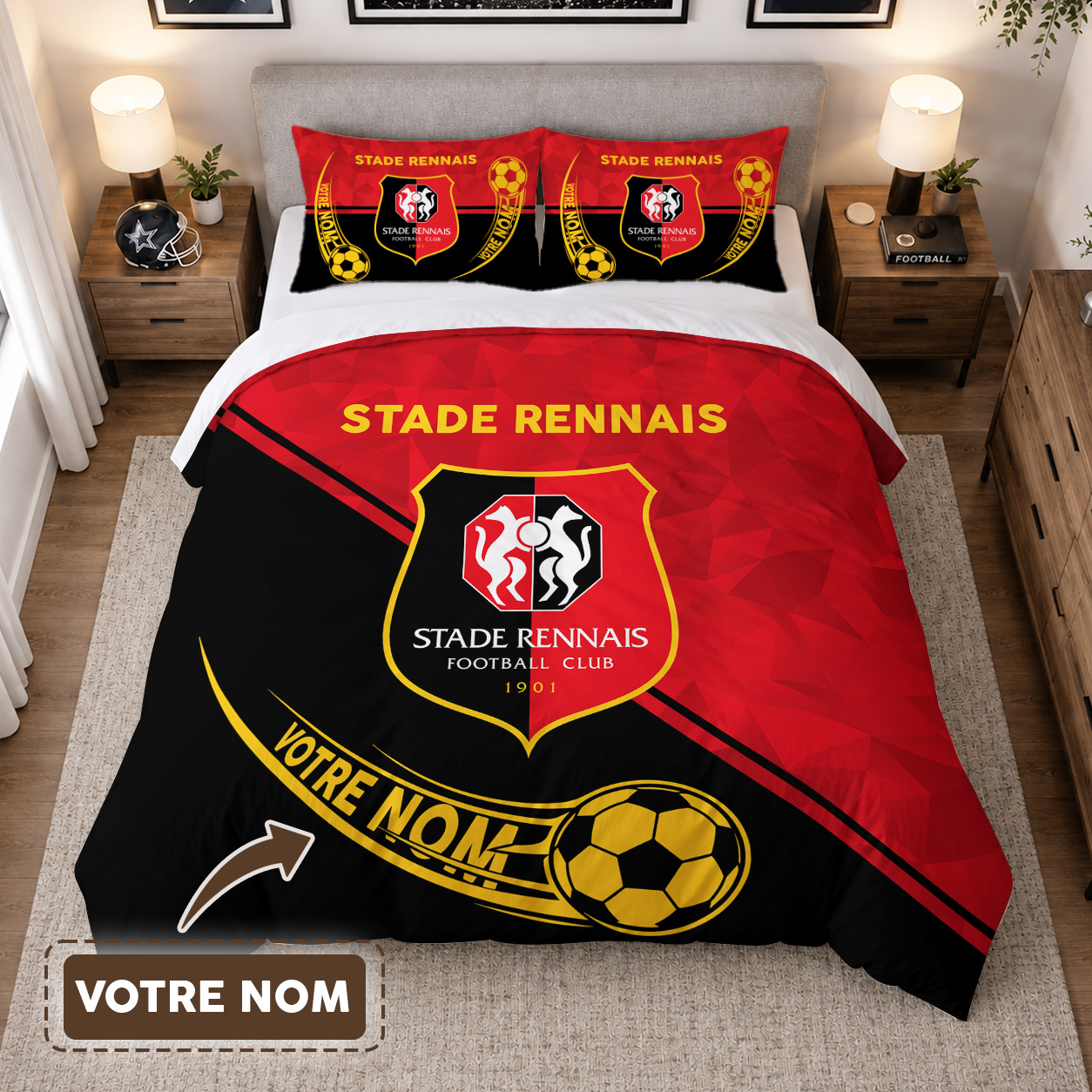 Housse de Couette Stade Rennais Football Club - Parure de Lit SRFC 3D Imprimé Supporter
