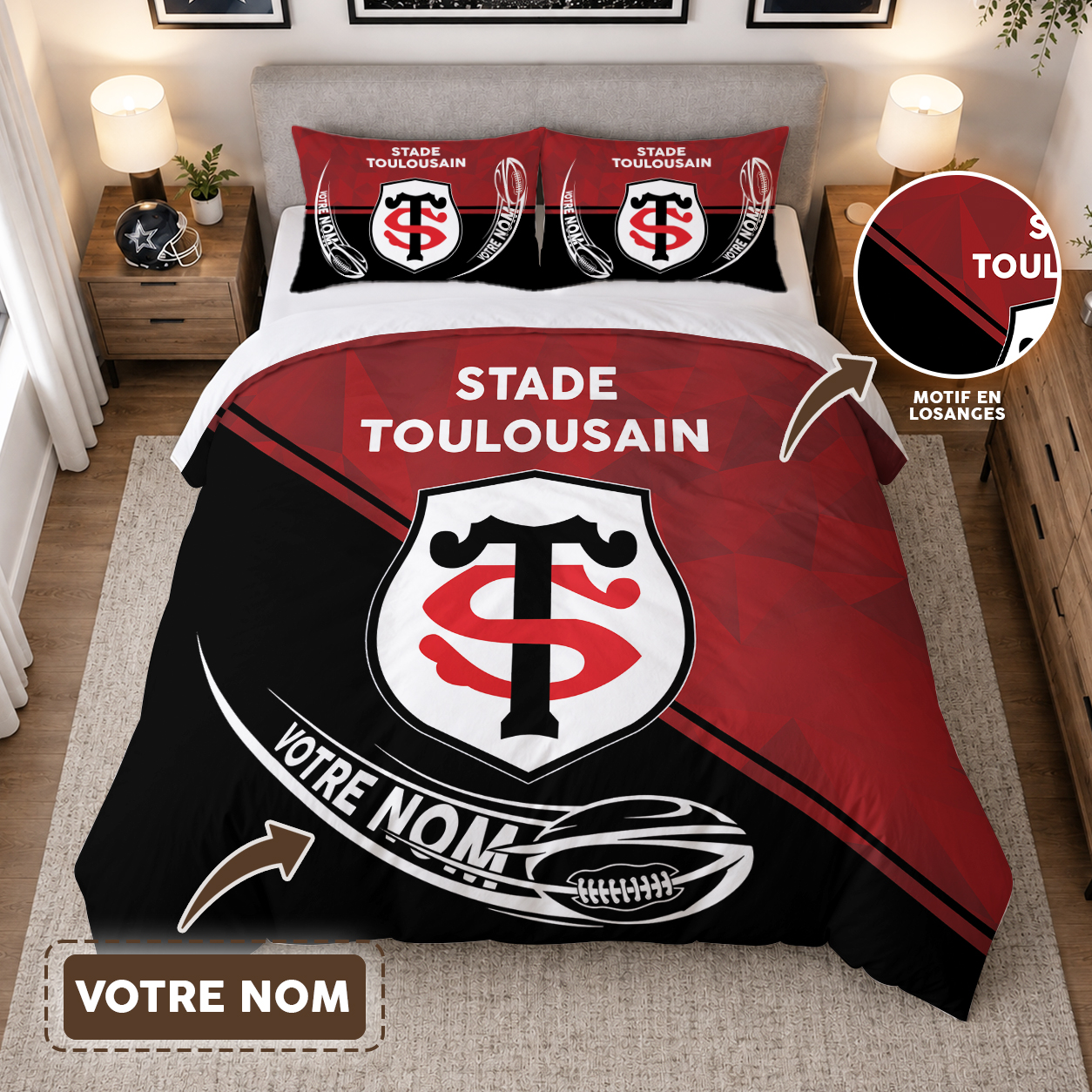 Housse de Couette Stade Toulousain - Parure de Lit Rugby 3D Imprimé Supporter