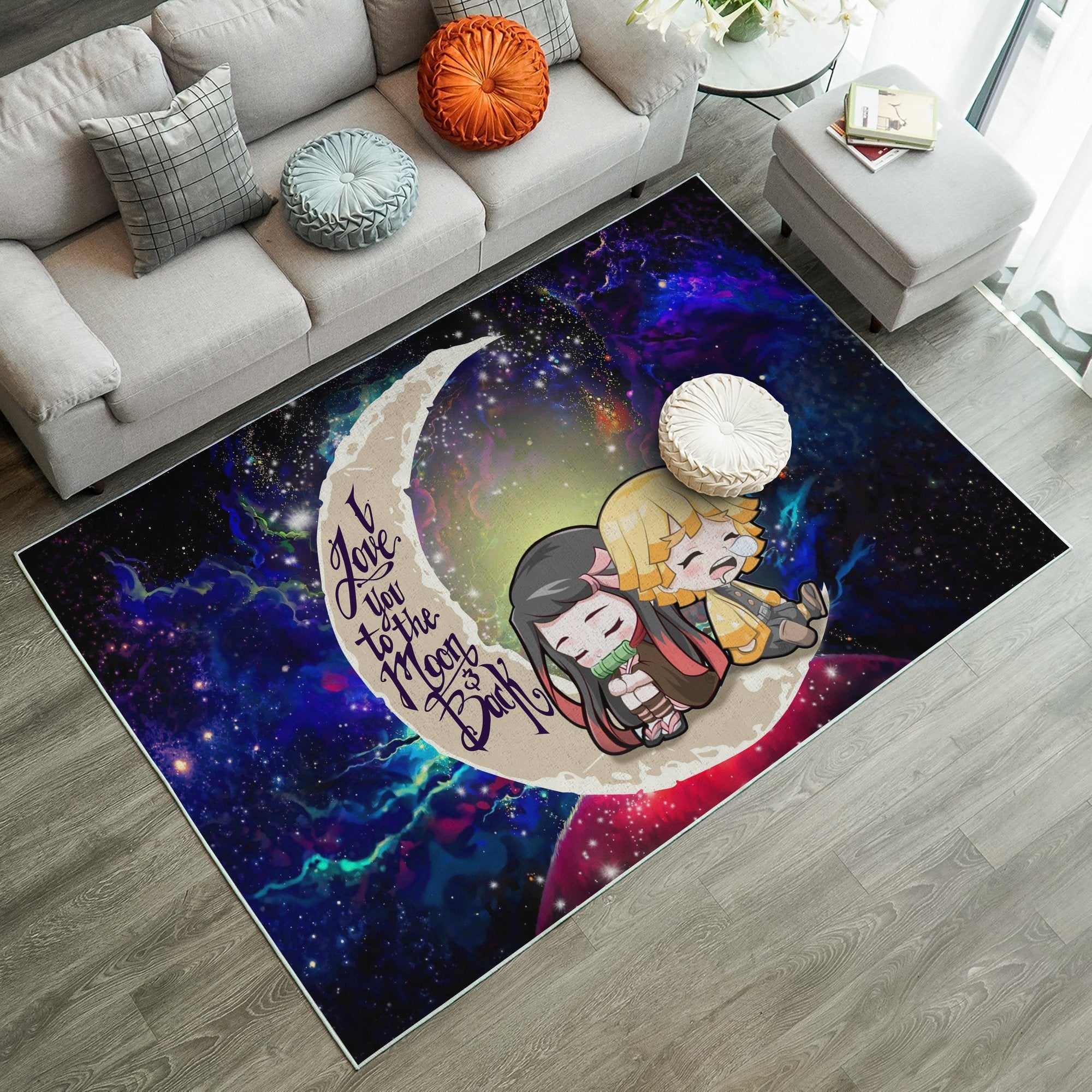 Tapis Zenitsu And Nezuko Chibi Demon Slayer Love You To The Moon Galaxy Carpet Rug Home Room Decor – Image 2