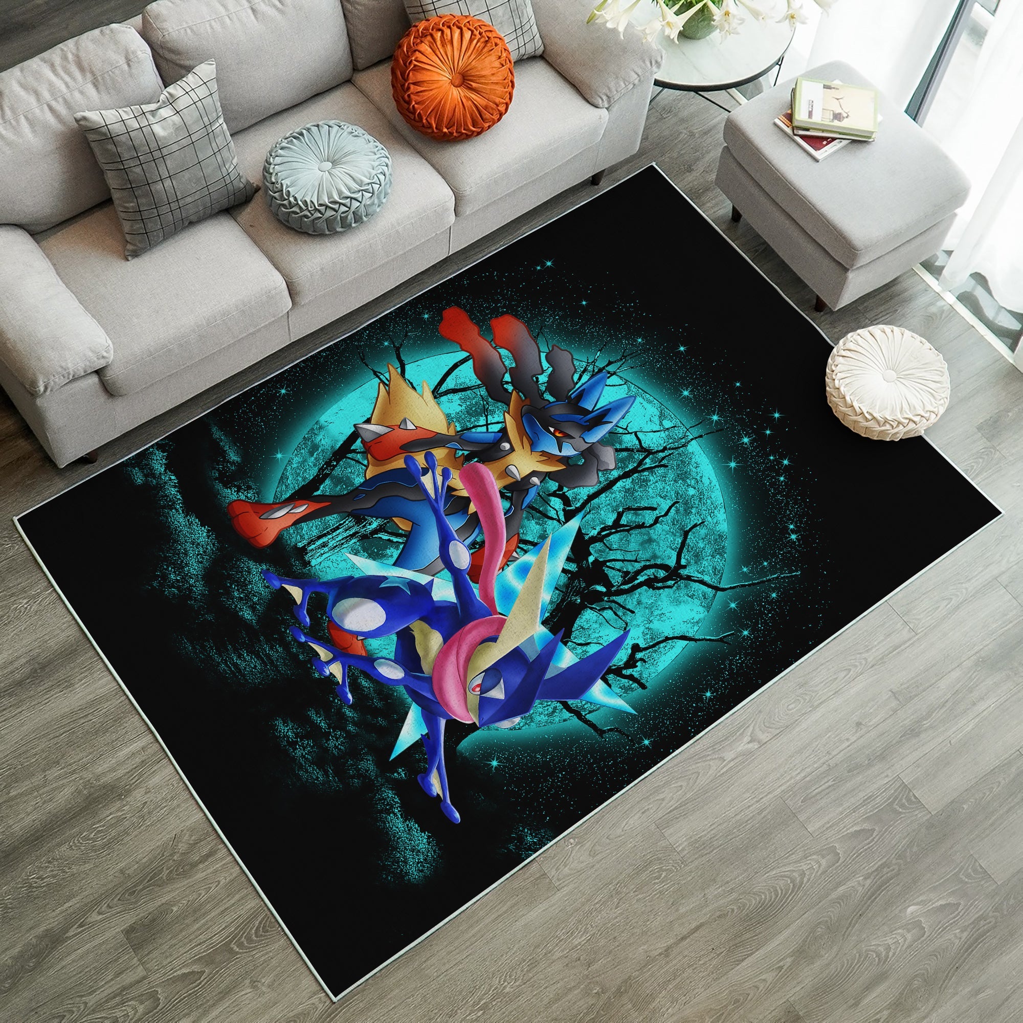 Tapis Greninja Satoshi And Mega Lucario Pokemon Funny Anime Moonlight Halloween Rug Carpet Rug Home Room Decor – Image 3