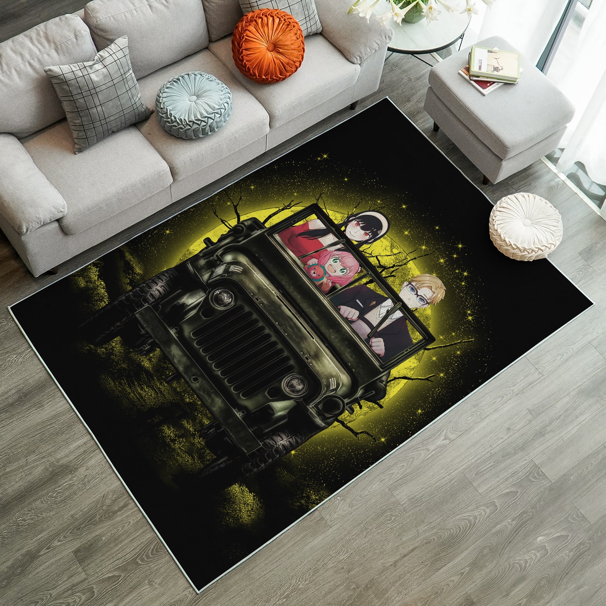 Tapis Spy x Family Yor And Anya Ride Jeep Funny Anime Moonlight Rug Carpet Rug Home Room Decor – Image 3